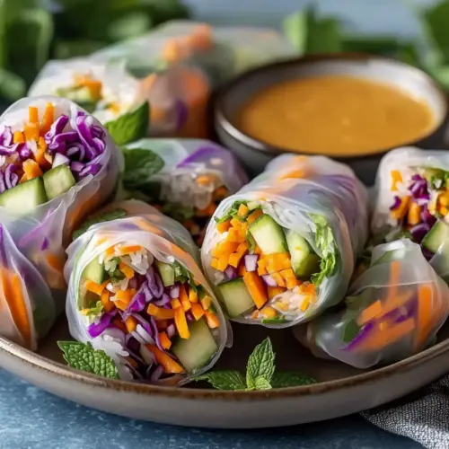 Rainbow Veggie Rice Paper Rolls with Peanut Sauce